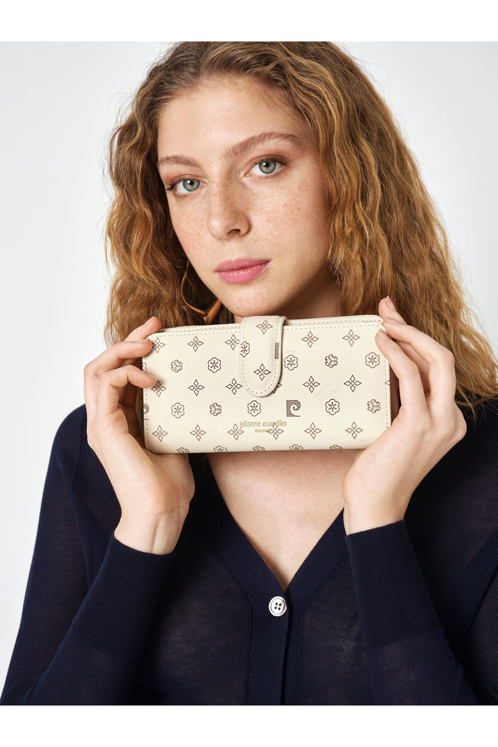 Krem Çiçek Monogram Çıtçıtlı Orta Boy Kadın Cüzdan