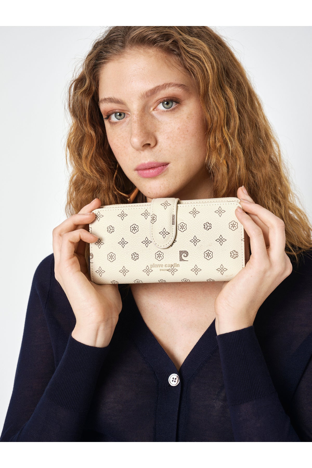 Krem Çiçek Monogram Çıtçıtlı Orta Boy Kadın Cüzdan
