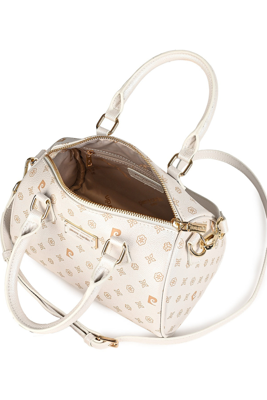 Kadın Beyaz Monogram Desenli Fermuarlı Ayarlanabilir Askılı Omuz Çantası