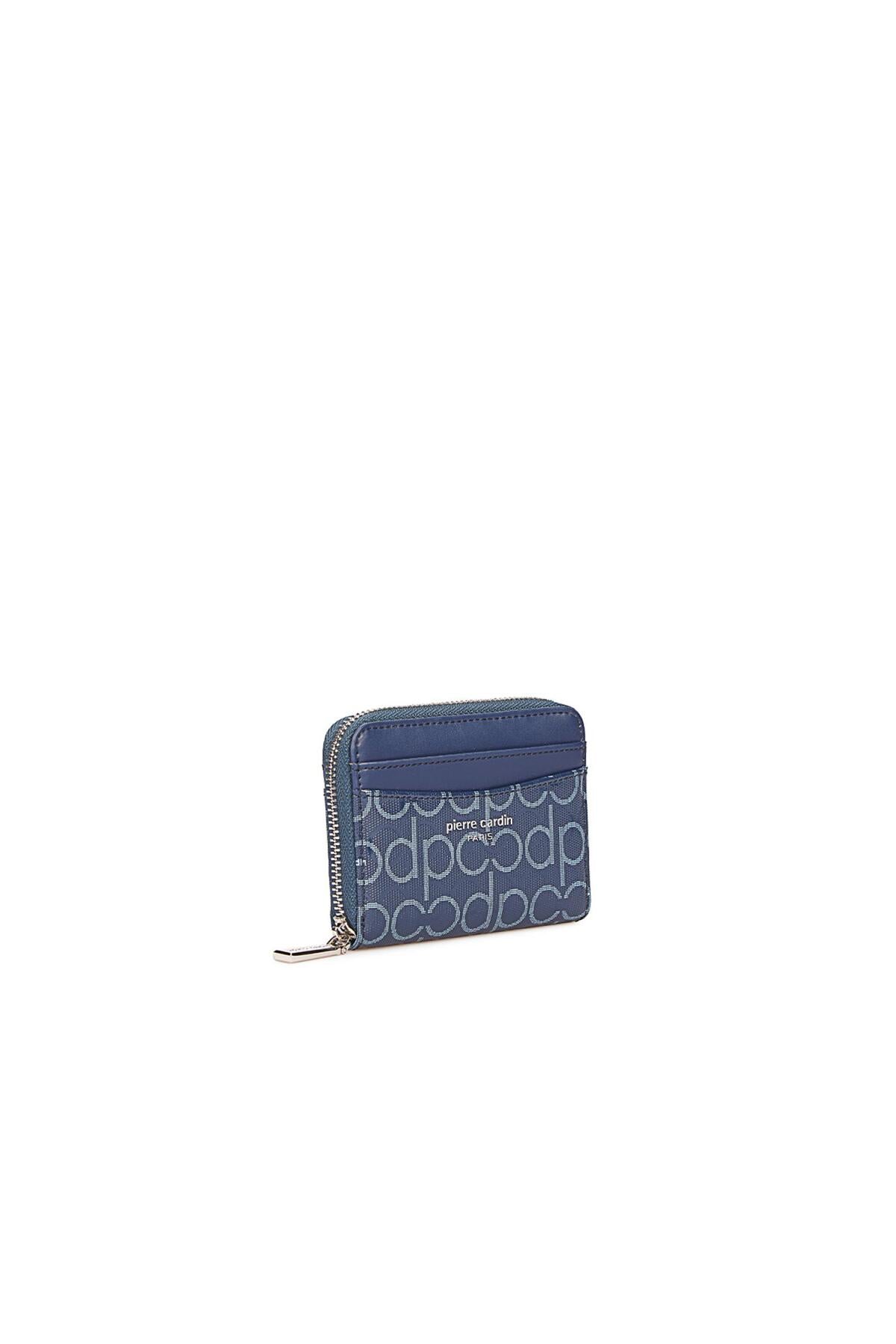 Lacivert Monogram Desenli Mini Fermuarlı Kadın Cüzdan
