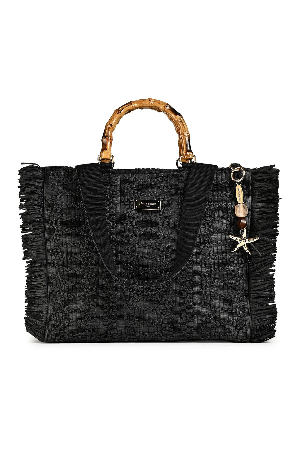 Kadın Hasır Püsküllü Bambu Saplı Siyah Kadın Omuz Çantası