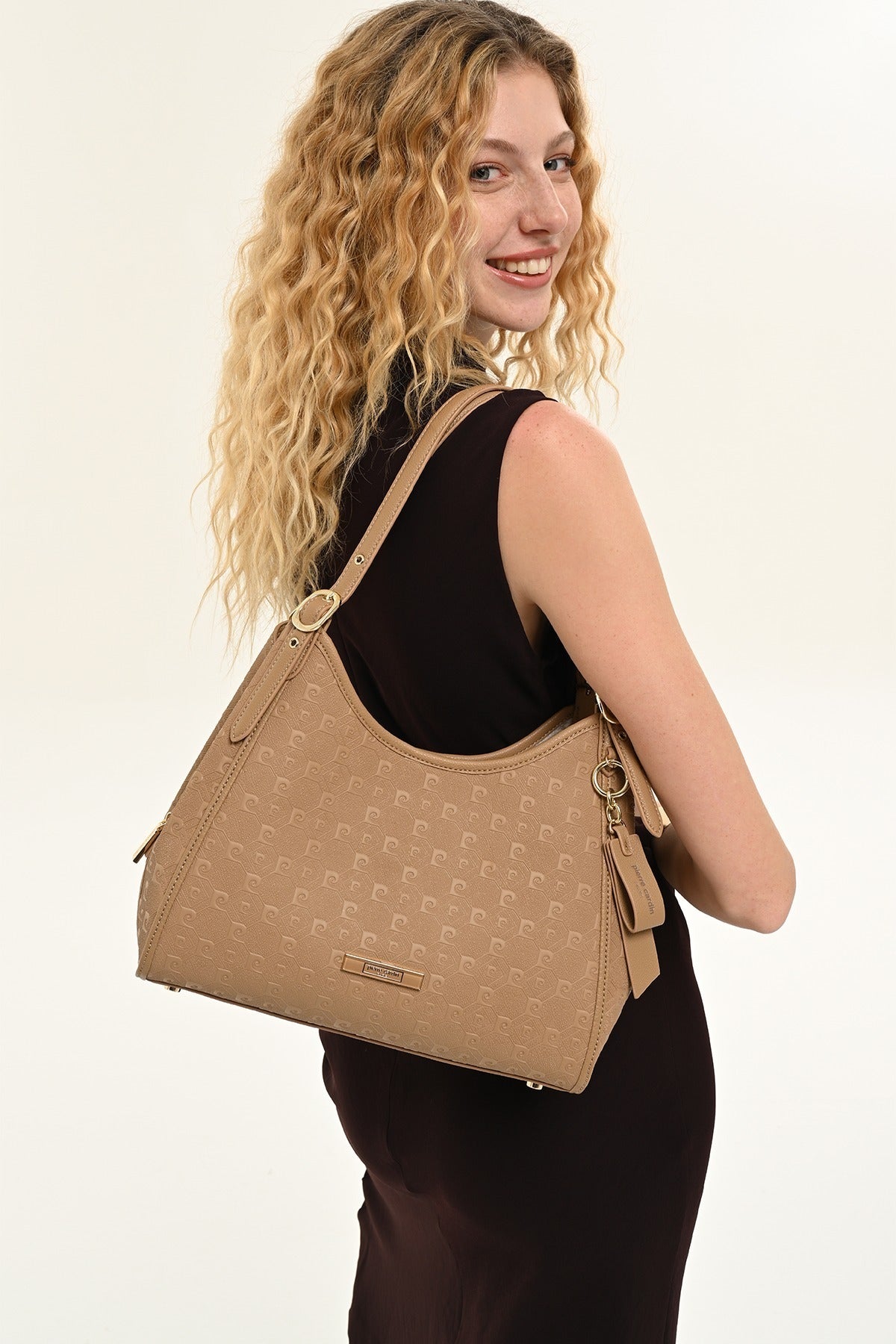 Kadın Kadın Camel Print Desenli Fermuarlı Çok Bölmeli Omuz Çantası
