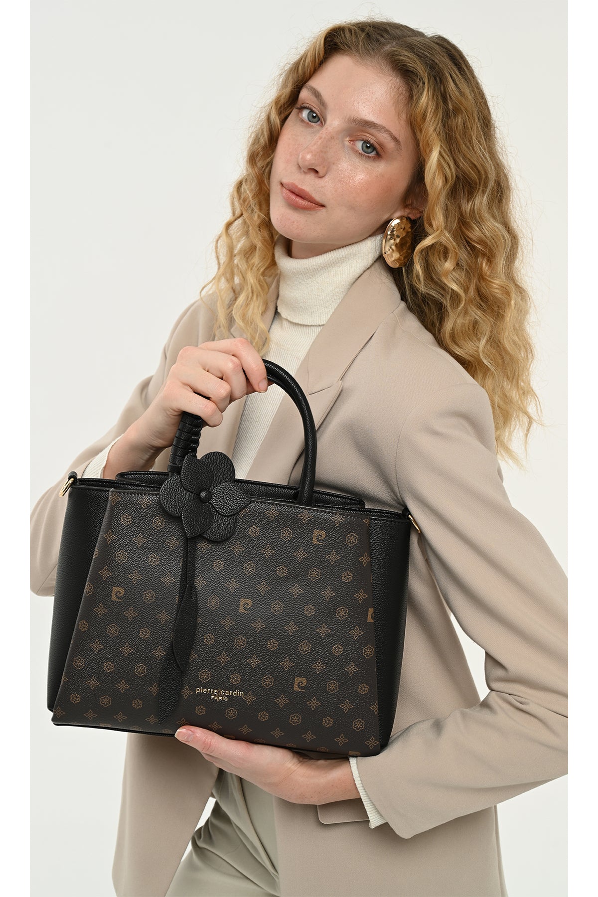 Kahve Monogram Desenli Kadın Omuz Çantası - 3 Bölmeli Fonksiyonel Kol Çantası